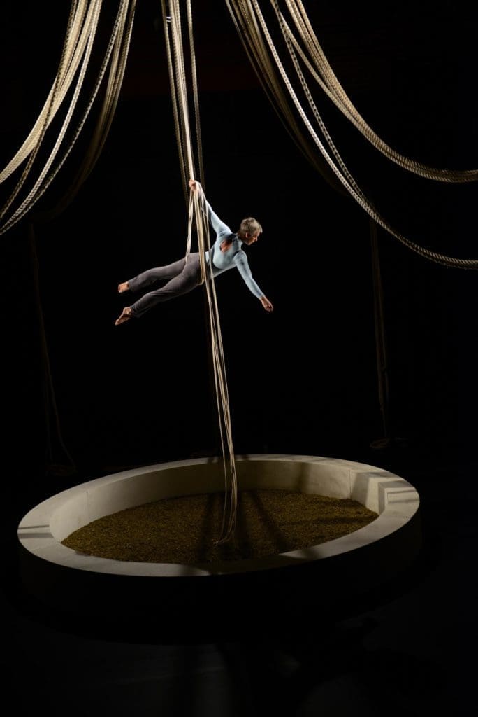 An aerialist holds themself up between ropes on a circular stage.