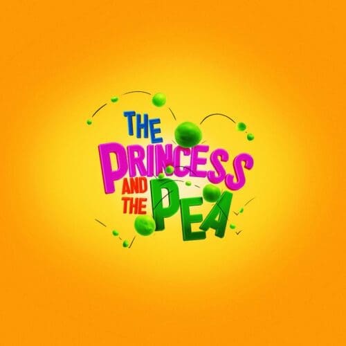 The princess and the pea title treatment in bright multi-colours and yellow background with little peas jumping around