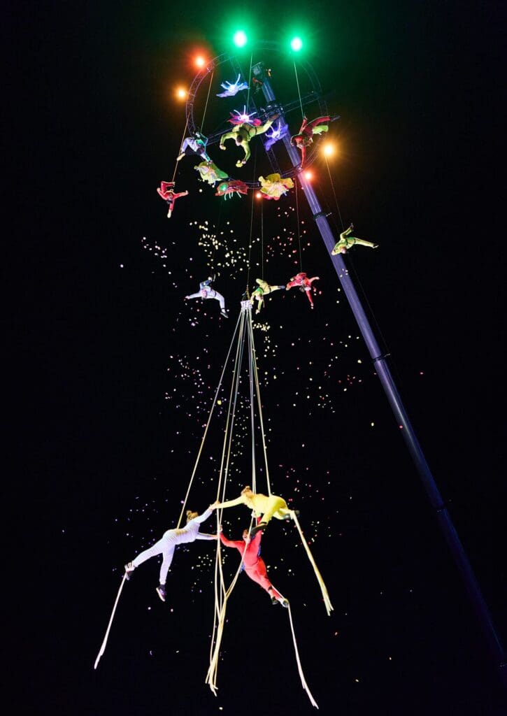 A group of acrobats and aerialists are dangling in the night sky from a huge flower-shaped structure