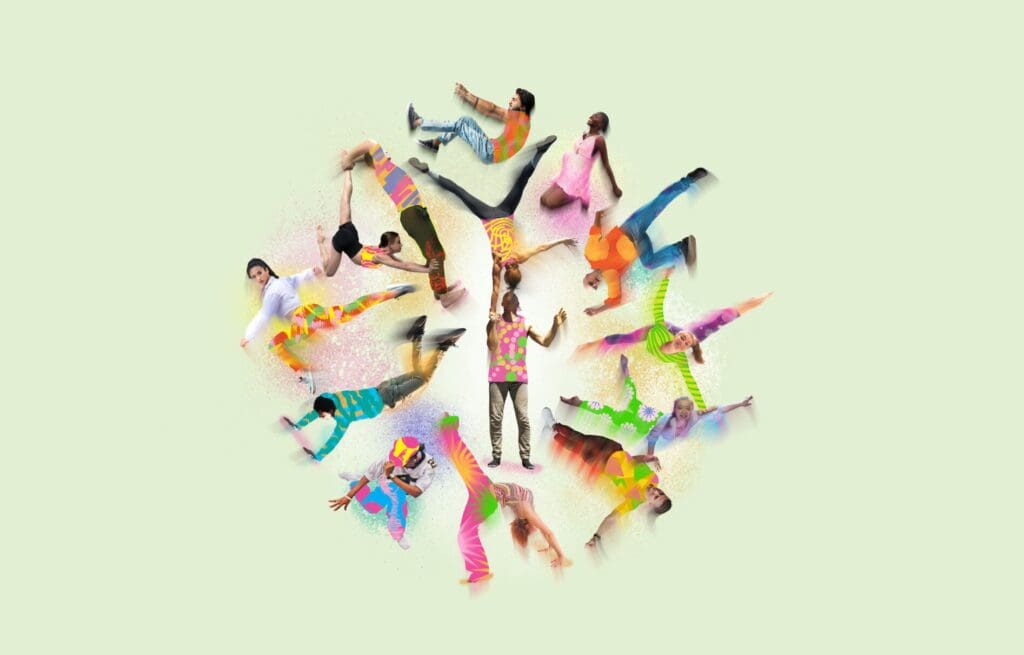 An illustration of bodies in movement, dancing and performing circus moves in a circle on bright green background to create a flower shape
